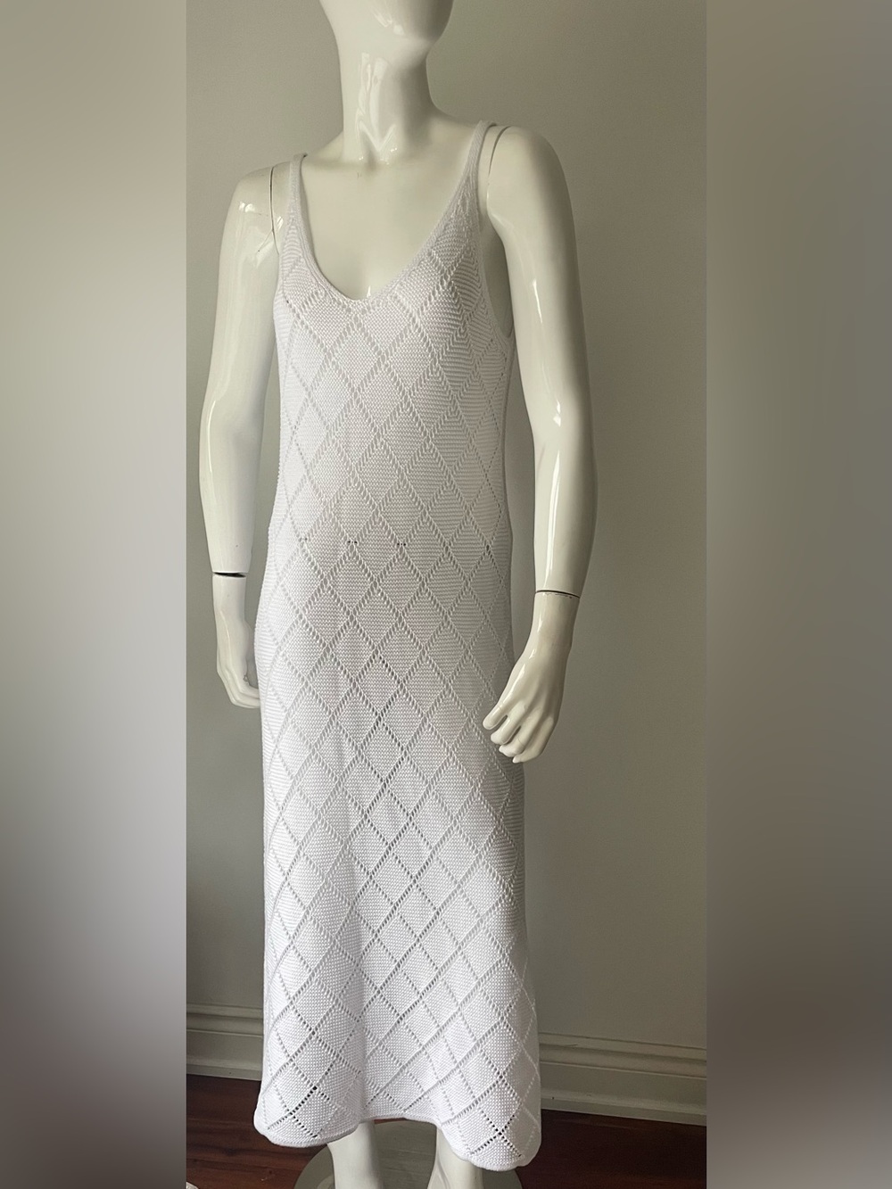 White Knit Midi Dress Cotton Textured Slip Dress Made in Canada Size S M - Picture 2 of 9